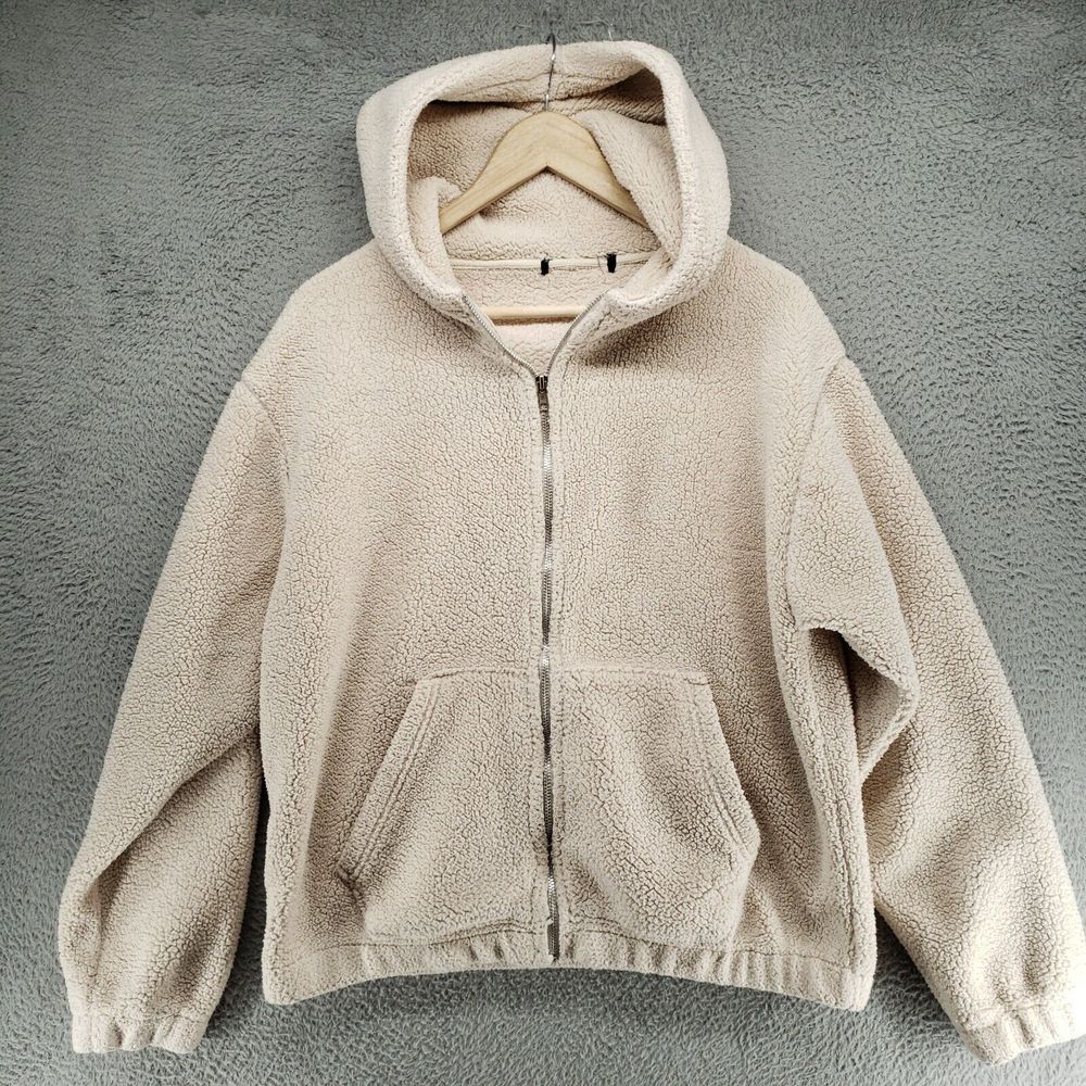 FOREVER 21 Womens M Sherpa Fuzzy Teddy‎ Bear Feel Full Zip Beige Hoodie Jacket